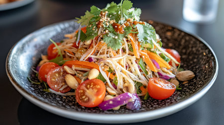 A vibrant and colorful Asian-style salad featuring fresh vegetables, aromatic herbs, and nuts, beautifully presented on an elegant plate for healthy eating.の素材