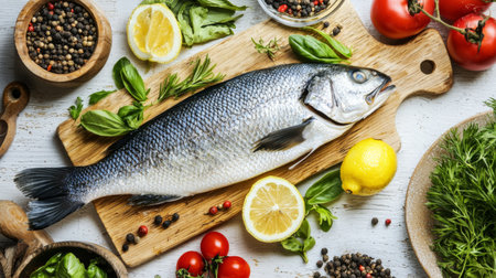 Fresh whole fish artfully arranged with herbs, lemon, and vibrant vegetables on a wooden cutting board, ideal for cooking enthusiasts and healthy meal preparation.の素材