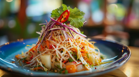 A stunning presentation of a fresh Asian salad featuring vibrant vegetables, aromatic herbs, and succulent shrimp topped with a red chili garnish.の素材