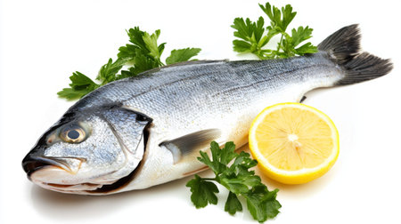 A fresh fish presented with lemon slices and parsley, ideal for culinary projects, illustrating healthy dining and natural ingredients on a clean white background.の素材