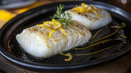 Two fillets of cod are beautifully cooked and garnished with lemon zest and fresh herbs, served on a black plate, perfect for fine dining or home cooking.の素材