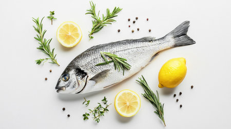 Capture the essence of fresh ingredients with a fish laid on a white surface, complemented by lemon slices, herbs, and spices, perfect for culinary inspiration.の素材