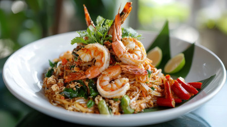A beautiful presentation of stir-fried noodles topped with succulent shrimp, fresh herbs, and vibrant chili peppers, perfect for food enthusiasts and culinary lovers.の素材