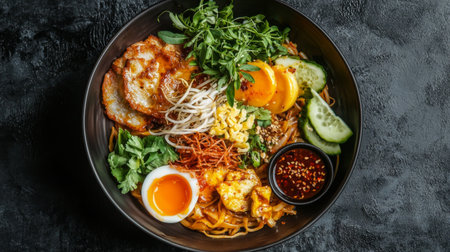 A vibrant Asian noodle bowl featuring colorful ingredients such as fresh vegetables, an egg, crispy toppings, and a savory sauce. Perfect for food enthusiasts.の素材