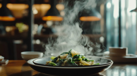 This image captures a steaming plate of delicious noodles topped with vibrant vegetables, showcasing a cozy restaurant ambiance filled with warmth and flavor.の素材