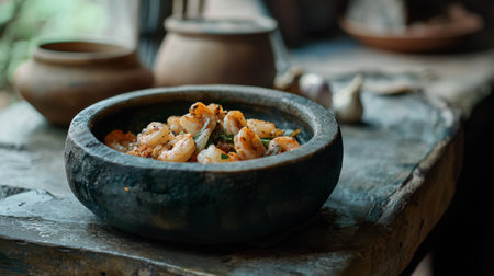 This image showcases a delicious shrimp dish served in a rustic clay bowl on a textured wooden table. The warm natural light highlights the culinary artistry and freshness.の素材