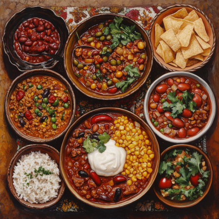 A vibrant assortment of traditional dishes showcases beans, rice, fresh vegetables, and crispy chips, beautifully arranged in bowls, perfect for a festive meal.の素材