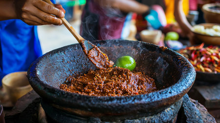 Capture the essence of traditional cooking with a focus on hands stirring a flavorful mixture in a stone mortar, showcasing cultural cuisine preparation and vibrant ingredients.の素材