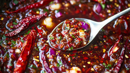 This vibrant spicy red chili sauce showcases rich flavors and textures, ideal for enhancing a variety of dishes. Perfect for culinary creations and gourmet meals.の素材