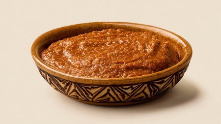 A rich and flavorful traditional dip served in a decorative bowl, perfect for showcasing culinary heritage and enhancing dining experiences in various food projects.の素材