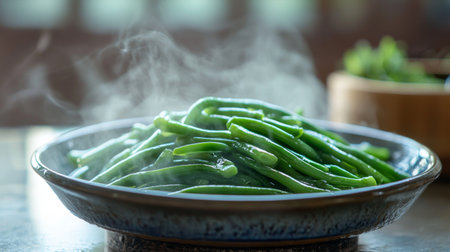 A striking image of freshly steamed green beans served in an elegant bowl, emanating aromatic steam, perfect for showcasing nutritious cooking and healthy eating.の素材