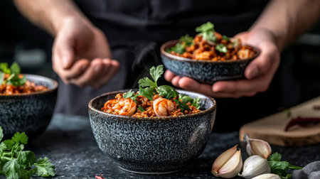 Indulge in this exquisite shrimp dish featuring vibrant colors and fresh herbs. Perfectly presented, it showcases culinary artistry and delightful flavors for every food lover.の素材