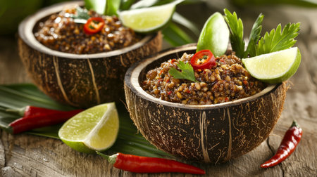 Explore a vibrant and spicy condiment presented in rustic bowls, accompanied by fresh limes, herbs, and red peppers, perfect for enhancing culinary creations.の素材