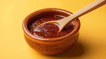 This image features a rich red sauce in an earthenware bowl, complemented by a wooden spoon, set against a vivid yellow background, perfect for culinary projects.の素材