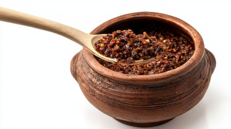 Capture the essence of homemade goodness with this vibrant chili paste in a rustic clay pot, perfect for showcasing culinary creations and food artistry.の素材