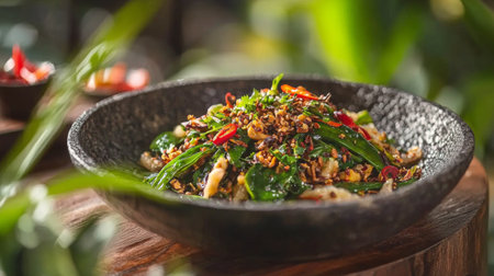 This vibrant vegetable dish is expertly arranged with herbs and chili peppers, showcasing fresh ingredients on a rustic wooden table amidst lush greenery.の素材