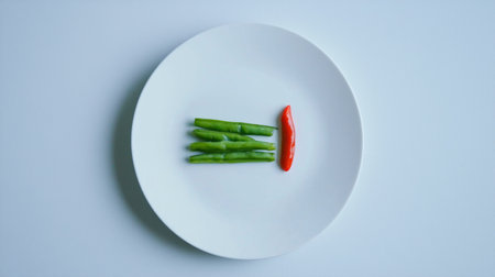 This minimalist image features fresh green beans and a red chili pepper elegantly arranged on a white plate, perfect for healthy meal inspiration and vibrant cooking presentations.の素材