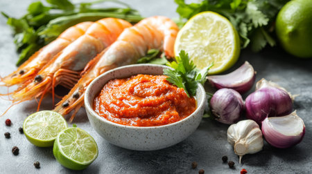 A vibrant arrangement of fresh shrimp paired with a spicy sauce, limes, garlic, shallots, and herbs, presenting a perfect culinary medley for food enthusiasts.の素材