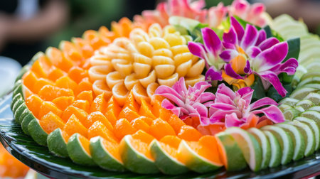 A stunning arrangement of vividly colored tropical fruits and vibrant flowers ideal for celebrations, showcasing artistic carving and a healthy, appealing presentation.の素材