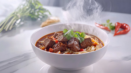 An inviting bowl of beef noodle soup showcases succulent beef, vibrant herbs, and spices, exuding warmth and comfort. Perfect for culinary enthusiasts.の素材