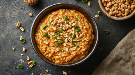 Dive into a bowl of creamy peanut sauce topped with chopped peanuts and green onions. Perfect for dipping or drizzling over dishes for a burst of flavor.の素材