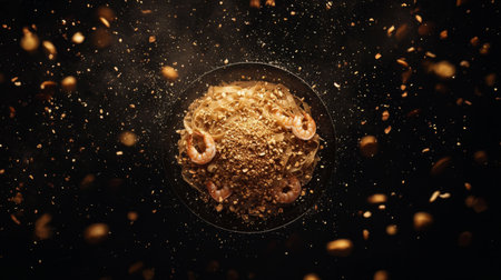 Captivating image of gourmet noodles topped with shrimp, surrounded by aromatic spices and garnishes, creating an artistic culinary masterpiece against a dark background.の素材
