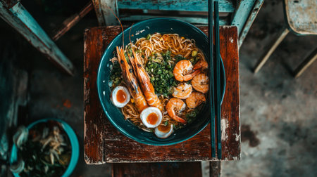 Indulge in this visually appealing shrimp noodle soup presented in a rustic bowl, featuring soft boiled eggs and a medley of fresh herbs, ideal for food lovers.の素材