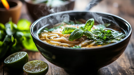 A vibrant bowl of hot noodle soup with fresh basil and lime adds warmth and flavor to any meal. Perfect for food photography and culinary presentations.の素材