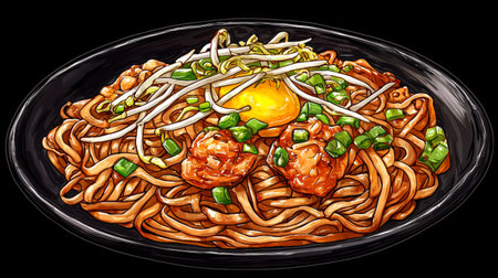This vibrant dish features stir-fried noodles topped with chicken, fresh vegetables, and a rich raw egg yolk, beautifully arranged on a sleek black plate.の素材