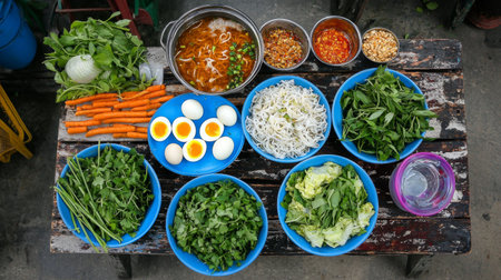 A colorful display of fresh ingredients on a rustic wooden table, featuring vegetables, herbs, noodles, eggs, and condiments, perfect for vibrant cooking and meal preparation.の素材