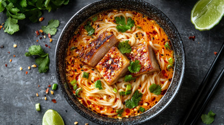 A mouthwatering bowl of spicy ramen noodles featuring crispy tofu and vibrant herbs, perfect for food lovers seeking comfort and flavor in every bite.の素材