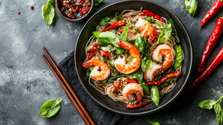 A beautifully arranged bowl of shrimp noodles highlighted with fresh basil and red chili peppers, perfect for showcasing vibrant culinary creations and ideas.の素材