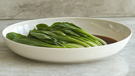 Vibrant bok choy arranged elegantly on a white plate with a splash of soy sauce. This fresh vegetable is ideal for health-conscious cooking and meal preparation.の素材
