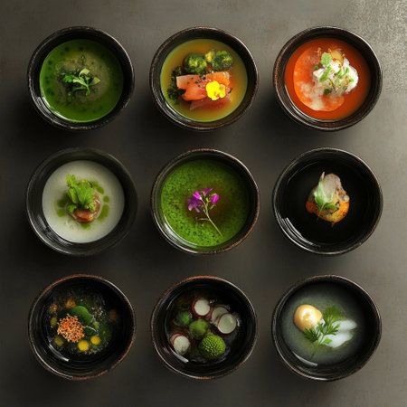 A visually stunning arrangement of nine gourmet soups showcasing an array of vibrant colors and unique ingredients, perfect for culinary inspiration and food photography.の素材