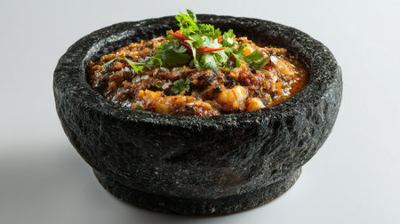 A rustic stone bowl displays a flavorful spicy dish, garnished with fresh herbs and red chilies, emphasizing vibrant textures and cultural culinary experience.の素材
