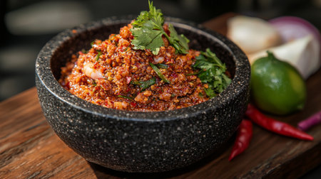 A vibrant bowl of spicy red chili paste garnished with fresh herbs, placed on a wooden table, showcasing fresh limes and red chilies as accompaniments.の素材