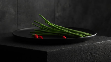 A striking composition featuring fresh green chives and bright red chili peppers on a sleek black plate, highlighting modern culinary art through minimalistic presentation.の素材