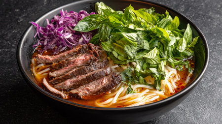 This vibrant bowl of Vietnamese beef pho features tender slices of beef, fresh herbs, and rice noodles immersed in fragrant broth, perfect for any meal.の素材