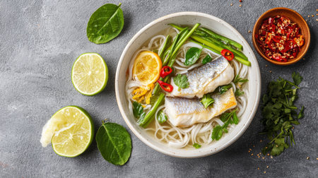 This image showcases a delicious Asian fish soup made with rice noodles, fresh herbs, lime, and chili, perfect for culinary inspiration and healthy dining ideas.の素材