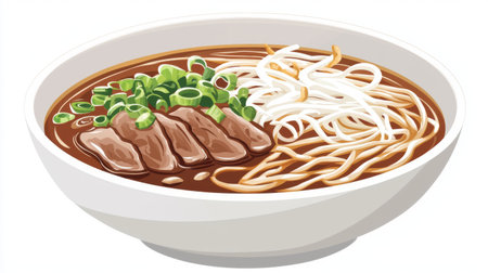 A vibrant illustration of a hearty beef noodle soup bowl, showcasing fresh ingredients like scallions and herbs, perfect for culinary enthusiasts.の素材