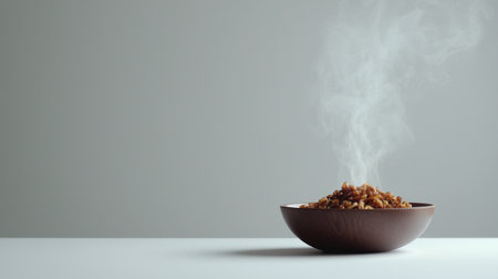 A steaming bowl of finely prepared food sits invitingly on a table, emphasizing warmth and comfort, perfect for showcasing culinary skills and home cooking moments.の素材