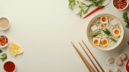 A delicious bowl of Asian noodle soup showcases tofu and soft-boiled eggs, surrounded by fresh herbs and vibrant spices on a clean, light background.の素材