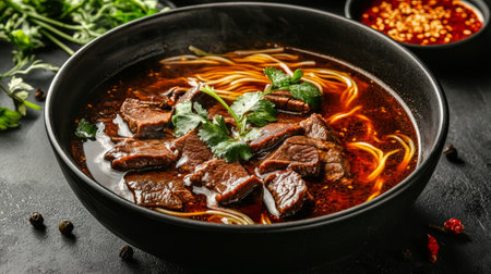 A tantalizing bowl of spicy beef noodles garnished with fresh herbs and chili sauce, showcasing the rich flavors and vibrant presentation of Asian cuisine.の素材
