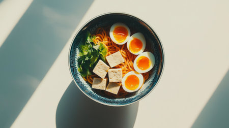 A visually appealing bowl of ramen featuring soft boiled eggs, tofu, leafy greens, and noodles, beautifully arranged for a delicious and nutritious meal experience.の素材