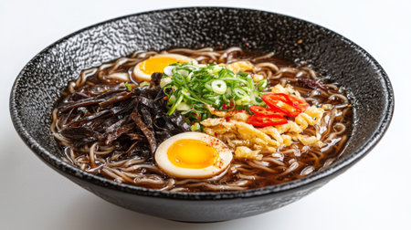 A vibrant bowl of ramen featuring soft boiled egg, fresh green onion, bamboo shoots, and spicy chili, perfect for food lovers and culinary enthusiasts.の素材