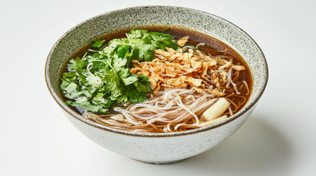 A captivating bowl of Asian noodle soup featuring delicate noodles, vibrant fresh herbs, and crispy onions immersed in a rich, savory broth for perfect culinary storytelling.の素材