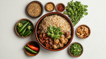 Feast your eyes on a vibrant rice dish adorned with fresh herbs and spices, perfect for culinary enthusiasts seeking inspiration in home cooking presentations.の素材