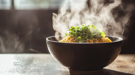 A steaming bowl of noodles adorned with fresh cilantro creates a warm and inviting scene, perfect for highlighting culinary artistry and delicious meals.の素材