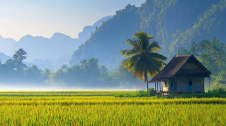 Experience the tranquility of a rural landscape where a traditional home stands amidst lush rice fields, framed by majestic mountains and bathed in morning light.の素材