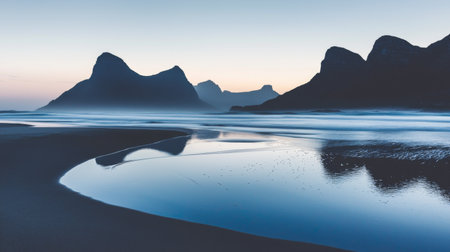 A tranquil coastal scene captures a stunning view of mountains reflecting in calm water at dusk. This serene landscape evokes peace and inspiration for nature lovers.の素材